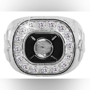 Crown Silver & Black Colored Baseball Star Ring